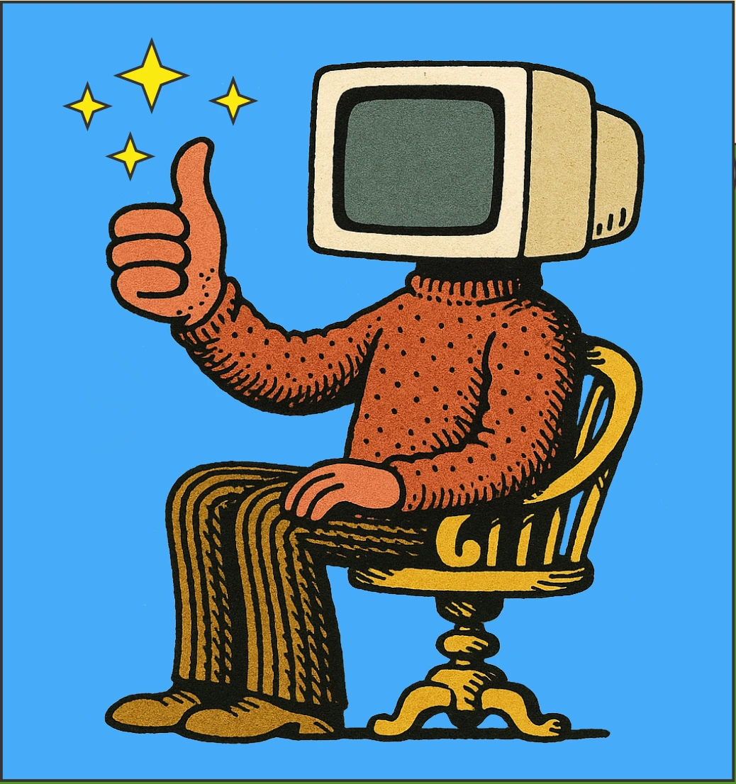A seated figure with a vintage computer for a head, giving a thumbs up against a blue background