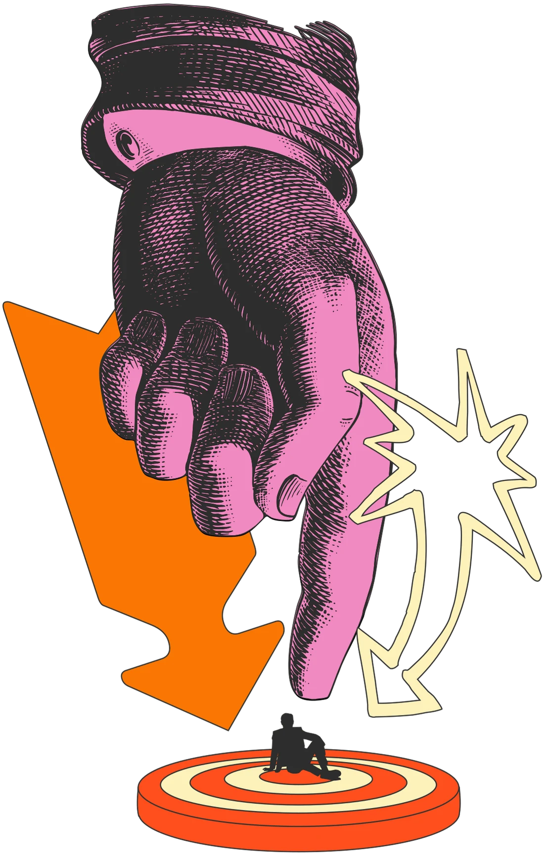 A pink engraved hand pointing down at a target, surrounded by arrows